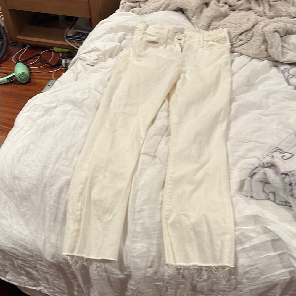 Cream Frayed Hem Jeans